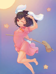 Rule 34 | 1girl, :p, animal ears, arm up, barefoot, black hair, blue background, breasts, carrot necklace, covered navel, dress, floppy ears, foot out of frame, gradient background, highres, holding, holding mallet, inaba tewi, jewelry, kine, mallet, moon, necklace, no eyebrows, pink dress, rabbit ears, rabbit tail, red eyes, short hair, simple background, small breasts, solo, star (symbol), tail, toes, tongue, tongue out, touhou, xiaoice0209