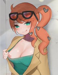 Rule 34 | 1girl, :q, black-framed eyewear, breasts, brown coat, cleavage, coat, collarbone, creatures (company), eyewear on head, game freak, gatchan, green eyes, hair ornament, heart, heart hair ornament, highres, large breasts, long hair, long sleeves, looking at viewer, md5 mismatch, nintendo, nipples, orange hair, pokemon, pokemon swsh, resolution mismatch, side ponytail, solo, sonia (pokemon), source smaller, sunglasses, sunglasses on head, tongue, tongue out