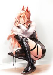 Rule 34 | 1girl, black footwear, black panties, black skirt, boots, chainsaw man, clenched teeth, collared shirt, commentary, cross-laced footwear, demon horns, elbow rest, full body, hair behind ear, hair between eyes, highres, horns, indoors, lace-up boots, light blush, long hair, long sleeves, looking at viewer, panties, parted lips, pink hair, power (chainsaw man), red horns, sharp teeth, shiny clothes, shirt, skirt, smile, solo, spykeee, squatting, symbol-shaped pupils, teeth, thigh boots, thigh strap, twitter username, underwear, watermark, white shirt, yellow eyes