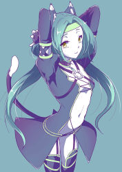 Rule 34 | 1girl, animal ears, blue hair, cat ears, cat tail, closed mouth, fingerless gloves, gloves, headband, long hair, looking at viewer, low twintails, meracle chamlotte, navel, o-ring, simple background, solo, star ocean, star ocean the last hope, tail, thighhighs, twintails, yellow eyes, yuiki wakana