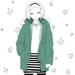 Rule 34 | 1girl, blunt bangs, bob cut, closed mouth, coat, collared shirt, copyright request, cowboy shot, green theme, hairband, head tilt, highres, long sleeves, looking at viewer, monochrome, open clothes, open coat, shirt, short hair, skirt, smile, solo, standing, star (symbol), striped clothes, striped skirt, sweater, tocky, wing collar