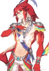 Rule 34 | 1boy, abs, bare pectorals, fins, fish boy, gem, hair ornament, hand on own chest, humanization, jewelry, looking at viewer, male focus, monster boy, muscular, muse (rainforest), nintendo, pants, pectorals, red hair, scar, sharp toenails, shoulder pads, sidon, simple background, slit pupils, smile, solo, the legend of zelda, the legend of zelda: breath of the wild, toenails, topless male, white background, yellow eyes, zora