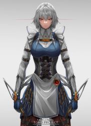 Rule 34 | 1girl, adapted costume, amekudaki, apron, blue skirt, braid, breasts, collared shirt, corset, gloves, highres, izayoi sakuya, knife, maid, medium breasts, pantyhose, pocket watch, red eyes, shirt, short hair, silver hair, simple background, skirt, solo, thigh strap, touhou, twin braids, watch, white background