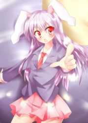 Rule 34 | 1girl, animal ears, bad id, bad pixiv id, blue background, blush, dress shirt, female focus, foreshortening, full moon, hiyokodou, jacket, light particles, long hair, long sleeves, looking at viewer, moon, necktie, open mouth, pointing, purple hair, rabbit ears, red eyes, red necktie, reisen udongein inaba, shirt, skirt, solo, touhou
