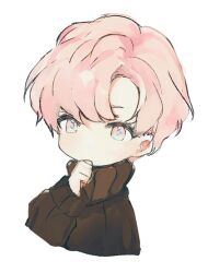 Rule 34 | 1girl, black sweater, covered mouth, cropped torso, hand up, long sleeves, looking away, lpip, original, pink eyes, pink hair, puffy long sleeves, puffy sleeves, simple background, sleeves past wrists, solo, sweater, turtleneck, turtleneck sweater, upper body, white background