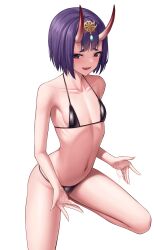 Rule 34 | 1girl, absurdres, bare shoulders, bikini, black bikini, bob cut, breasts, collarbone, eyeliner, fate/grand order, fate (series), headpiece, highres, horns, laan (0110), looking at viewer, lotion, makeup, micro bikini, oni, open mouth, purple eyes, purple hair, short hair, shuten douji (fate), skin-covered horns, small breasts, smile, solo, swimsuit, thighs, white background
