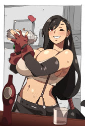 Rule 34 | 1girl, bartender, breasts, brown hair, cleavage, final fantasy, final fantasy vii, gloves, heart, highres, large breasts, long hair, nisego, red eyes, seventh heaven, shirt, solo, tagme, tifa lockhart