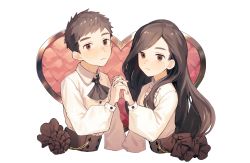 Rule 34 | 1boy, 1girl, aynoh, belt, blush, brown eyes, brown hair, collared shirt, heart, highres, holding, holding hands, long hair, long sleeves, looking at viewer, original, ribbon, shirt, short hair, simple background, spiked hair, upper body, white background