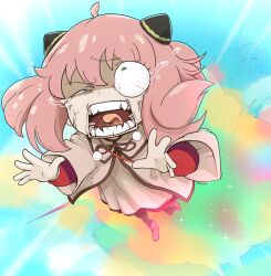 Rule 34 | 1girl, absurdres, ahoge, anya (spy x family), brown dress, brown robe, dress, falling, green eyes, hairpods, highres, midair, obossoss, open mouth, pink hair, robe, shouting, solo, spy x family, tears, tongue, tongue out