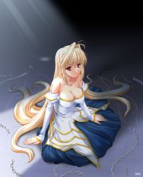 Rule 34 | 00s, 1girl, archetype earth, arcueid brunestud, bare shoulders, blonde hair, breasts, chain, cleavage, dress, from above, large breasts, long hair, miyai sen, red eyes, sitting, solo, strapless, strapless dress, tsukihime