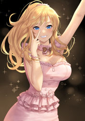 Rule 34 | 1girl, :d, arm up, bangle, blonde hair, blue eyes, blush, bracelet, breasts, brown background, cleavage, cowboy shot, detached collar, dress, grin, hair ornament, hair scrunchie, highres, idolmaster, idolmaster cinderella girls, jewelry, large breasts, long hair, looking at viewer, mixed-language commentary, nhaliz, ohtsuki yui, open mouth, pink dress, ponytail, scrunchie, sidelocks, smile, solo, sparkle, strapless, strapless dress, teeth, v over eye