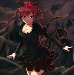 Rule 34 | 1girl, animal ears, black eyes, blurry, blurry background, braid, breasts, cat ears, cat girl, cat tail, cleavage, closed mouth, collarbone, commentary, dress, extra ears, green dress, highres, i-coat, juliet sleeves, kaenbyou rin, large breasts, long hair, long sleeves, looking at viewer, multiple tails, nekomata, puffy sleeves, red hair, side braids, smile, solo, tail, touhou, twin braids, two tails