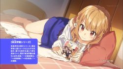 Rule 34 | 10s, 1girl, barefoot, blush, book, booota, braid, breasts, brown hair, feet, hair ornament, highres, imouto sae ireba ii, long hair, looking at viewer, lying, official art, on bed, open mouth, reading, red eyes, shirakawa miyako, toes