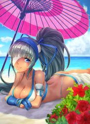 Rule 34 | 1girl, absurdres, ass, bad id, bad pixiv id, bare shoulders, beach, beach umbrella, blue eyes, blue sky, breasts, butt crack, cleavage, cloud, cloudy sky, collarbone, commentary request, dark-skinned female, dark skin, day, dys, flower, grey hair, hibiscus, highres, lips, long hair, looking at viewer, lying, majikina mina, medium breasts, ocean, on stomach, outdoors, ponytail, samurai spirits, shiny skin, simple background, sky, smile, snk, solo, thighs, umbrella, water