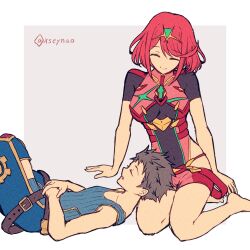 Rule 34 | 1boy, 1girl, barefoot, belt, blue shirt, breasts, brown belt, brown hair, chest jewel, closed eyes, closed mouth, highres, jewelry, lap pillow, large breasts, lying, mochimochi (xseynao), on back, open mouth, pyra (xenoblade), red hair, rex (xenoblade), shirt, short hair, short sleeves, shorts, simple background, sleeping, smile, swept bangs, tiara, twitter username, xenoblade chronicles (series), xenoblade chronicles 2