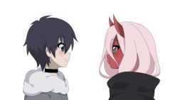 Rule 34 | 10s, 1boy, 1girl, black cloak, black hair, blue eyes, cloak, coat, colored sclera, colored skin, couple, darling in the franxx, fringe trim, fur trim, green eyes, grey coat, hetero, hiro (darling in the franxx), hood, hooded cloak, horns, long hair, looking at another, oni horns, parka, pink hair, red horns, red pupils, red sclera, red skin, short hair, straight hair, teacaku, winter clothes, winter coat, aged down, zero two (darling in the franxx)
