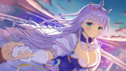 1boy 1girl breasts cleavage cleavage_cutout clothing_cutout dawn dress feena_fam_earthlight gloves green_eyes half-closed_eyes hand_on_own_chest highres holding_hands large_breasts long_hair looking_at_viewer pov purple_hair smile water yoake_mae_yori_ruri_iro_na