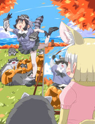 Rule 34 | 2girls, \n/, animal, animal ear fluff, animal ears, arms up, autumn, autumn leaves, biting, black hair, blonde hair, blush, blush stickers, bodystocking, canvas (object), common raccoon (kemono friends), creature and personification, day, easel, extra ears, fennec (kemono friends), fox ears, grey hair, hair between eyes, highres, jack-o&#039;-lantern, kemono friends, leaning forward, looking at another, looking up, medium hair, miniskirt, modeling, multicolored hair, multiple girls, open mouth, outdoors, painting (action), pumpkin, raccoon, raccoon ears, raccoon girl, raccoon tail, shirt, shoes, short sleeves, skirt, smile, standing, standing on one leg, sweat, tail, trembling, umikaze shuu, white hair, | |
