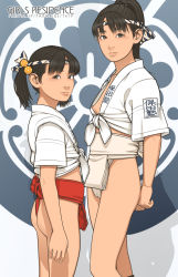 Rule 34 | 2girls, arms behind back, ass, black eyes, black hair, breasts, cameltoe, child, cleft of venus, fundoshi, highres, japanese clothes, looking at viewer, multiple girls, nipple slip, nipples, original, pelvic curtain, ponytail, revealing clothes, shinchou ni kansuru kousatsu, small breasts, smile, thick thighs, thighs, twintails