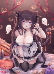 Rule 34 | 1girl, :o, absurdres, animal ears, apron, arm up, armpits, bare shoulders, black choker, black dress, black hair, black thighhighs, breasts, candle, cat ears, cat girl, cat tail, choker, claw pose, cleavage, collarbone, detached sleeves, dress, fang, frilled apron, frilled dress, frills, ghost, hair ribbon, halloween, head wings, highres, jack-o&#039;-lantern, kneeling, large breasts, long hair, looking at viewer, maid apron, no shoes, open mouth, original, purple eyes, ribbon, ribbon choker, short dress, single detached sleeve, single sleeve, slit pupils, solo, strapless, strapless dress, tail, thighhighs, two side up, very long hair, waist apron, wings, wrist cuffs, yenshin (k5142204), zettai ryouiki