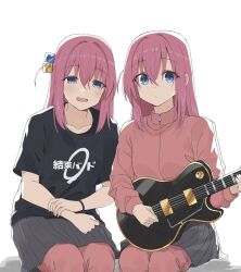 2girls black_shirt blue_eyes blush bocchi_the_rock! clone collarbone commentary_request cube_hair_ornament electric_guitar feet_out_of_frame gotoh_hitori grey_skirt guitar hair_between_eyes hair_ornament hair_tie_on_wrist highres holding holding_guitar holding_instrument instrument jacket kanaria_hisagi kessoku_band_t-shirt long_hair looking_at_viewer multiple_girls one_side_up open_mouth pants pink_hair pink_jacket pink_pants pleated_skirt print_shirt shirt short_sleeves sidelocks simple_background sitting skirt t-shirt track_jacket track_pants white_background