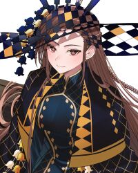 Rule 34 | 1girl, black dress, braid, brown eyes, brown hair, closed mouth, dorothea coyett, dress, earrings, fate/samurai remnant, fate (series), hat, highres, hollowed headwear, jewelry, large hat, light (nightty45), looking at viewer, simple background, single earring, smile, solo, swept bangs, white background, wide brim