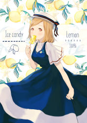 Rule 34 | 1girl, absurdres, blouse, blue dress, boater hat, brown hair, commentary, dress, english text, feet out of frame, food, food in mouth, fruit, hand up, hat, highres, holding, holding food, ikoan, leaf, lemon, long dress, looking at viewer, medium hair, orange eyes, original, pinafore dress, popsicle, shirt, short sleeves, sleeveless, sleeveless dress, solo, white background, white hat, white shirt
