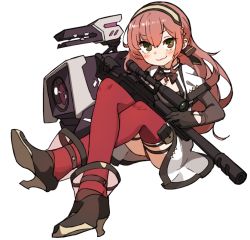Rule 34 | 1girl, amonitto, black gloves, blaser r93, blush, bolt-action rifle, bolt action, brown eyes, closed mouth, commentary request, dinergate (girls&#039; frontline), dress, full body, girls&#039; frontline, gloves, gun, hair between eyes, holding, holding gun, holding weapon, long sleeves, looking at viewer, r93 (girls&#039; frontline), red legwear, rifle, simple background, smile, sniper rifle, straight-pull rifle, straight pull, weapon, white background