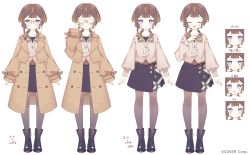 Rule 34 | 1girl, anya melfissa, anya melfissa (casual), belt, blush, brown coat, brown hair, closed eyes, coat, collarbone, commentary, commentary request, company name, english commentary, expression chart, glasses, gradient hair, highres, hololive, hololive indonesia, long hair, long sleeves, mixed-language commentary, multicolored hair, official alternate costume, official art, open clothes, open coat, open mouth, pantyhose, purple eyes, short hair, skirt, smile, translation request, uekura eku, variations, virtual youtuber