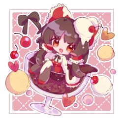 Rule 34 | 1girl, ascot, black hair, bow, cake, cherry, chibi, cup, cupping glass, detached sleeves, food, frilled bow, frilled hair tubes, frills, fruit, gohei, hair bow, hair tubes, hakurei reimu, hat, heart, inukkomaru, open mouth, red bow, red skirt, ribbon-trimmed sleeves, ribbon trim, skirt, skirt set, solo, touhou, witch hat, yellow ascot, yellow eyes