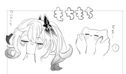 Rule 34 | 1girl, 1other, :i, animalization, cat, closed eyes, closed mouth, genshin impact, gradient hair, greyscale, hair ornament, hirarinoie, leaf hair ornament, monochrome, multicolored hair, multiple views, nahida (genshin impact), side ponytail, simple background, squishing