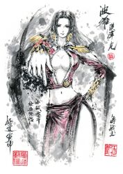 Rule 34 | 1girl, arm up, boa hancock, breasts, cape, commentary, cowboy shot, earrings, epaulettes, frilled sleeves, frills, hand on own hip, jewelry, jidao huashi, large breasts, long hair, looking at viewer, one piece, partially colored, plunging neckline, red shirt, red skirt, shirt, side slit, skirt, smile, snake earrings, solo