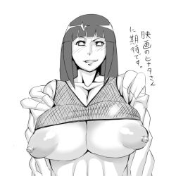 Rule 34 | 1girl, artist request, blush, breasts, clenched teeth, fishnet top, fishnets, highres, huge breasts, hyuuga hinata, long hair, monochrome, naruto, naruto (series), ninja, nipples, no bra, open clothes, simple background, smile, solo, standing, teeth, translated