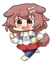 Rule 34 | 1girl, :3, :d, animal ears, blush, bone hair ornament, braid, brown eyes, brown hair, brown tail, chibi, clenched hands, clothes writing, commentary request, cosplay, cosplay request, dog ears, dog girl, dog tail, english text, fang, full body, hair ornament, hololive, inugami korone, jacket, long hair, long sleeves, looking at viewer, matarou (matarou072), open mouth, pantyhose, sega tarou, sega tarou (cosplay), segagaga, shirt, skirt, smile, solo, t-shirt, tail, transparent background, twin braids, virtual youtuber, white jacket, white shirt