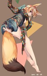 Rule 34 | 1girl, alternate costume, animal ears, bare legs, barefoot, black hair, blonde hair, breasts, breasts out, extra ears, eyes visible through hair, fennec (kemono friends), fox ears, fox girl, fox tail, from side, full body, highres, kemono friends, leaning forward, legs, long sleeves, looking at viewer, medium breasts, medium hair, multicolored hair, naked sweater, nanana (nanana iz), no bra, no nipples, no pants, open mouth, outstretched arm, outstretched hand, puffy long sleeves, puffy sleeves, scarf, sidelocks, soles, solo, spread fingers, sweater, tail, toes, two-tone hair