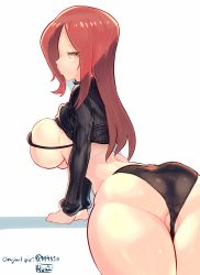 Rule 34 | 1girl, ass, bent over, bikini, black bikini, breasts, brown eyes, clothes lift, hair over one eye, highres, large breasts, looking at viewer, looking back, parasoul (skullgirls), red hair, ryuji (red-truth), simple background, skullgirls, solo, sweater, sweater lift, swimsuit, thick thighs, thighs, twitter username, white background