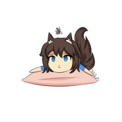 Rule 34 | 1girl, animal ears, annoyed, blue eyes, brown hair, brown tail, cat ears, cat girl, chibi, looking up, pillow, tail, takie, takie arts