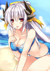 Rule 34 | 1girl, adapted costume, alternate costume, ass, bare arms, bare shoulders, beach, bikini, blue bikini, breast hold, breasts, cleavage, collarbone, commentary request, day, fate/grand order, fate (series), hair between eyes, hand on own chest, horns, kiyohime (fate), kiyohime (fate/grand order), kiyohime (swimsuit lancer) (fate), kiyohime (swimsuit lancer) (third ascension) (fate), large breasts, long hair, looking at viewer, navel, open mouth, outdoors, red eyes, ryokushiki (midori-ya), sand, silver hair, solo, swimsuit, water