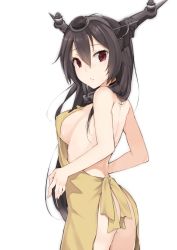 Rule 34 | 10s, 1girl, :&lt;, akiha (attract), apron, ass, back, bad id, bad twitter id, bare shoulders, black hair, blush, breasts, covered erect nipples, headgear, kantai collection, kskasutera, large breasts, long hair, looking at viewer, looking back, nagato (kancolle), naked apron, puka puka, red eyes, sideboob, simple background, solo, standing, sweat, white background