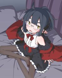 Rule 34 | 1girl, ahoge, akari (raigou), bare shoulders, black pantyhose, blouse, blue hair, blush, bow, bowtie, center-flap bangs, curtains, fangs, feet, frilled shirt, frilled skirt, frills, from above, glasses, highres, looking at viewer, looking up, open mouth, original, pantyhose, pillow, pointy ears, ponytail, raigou, red bow, red bowtie, red nails, rimless eyewear, shirt, shirt tucked in, sitting, skirt, sleeveless, solo, yellow eyes