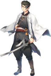 Rule 34 | 1boy, akuta (utawarerumono: lost flag), amazuyu tatsuki, aquaplus, brown eyes, brown hair, coat, full body, highres, holding, japanese clothes, looking at viewer, male focus, mask, official art, scar, scar on face, simple background, solo, sword, transparent background, utawarerumono, utawarerumono: lost flag, weapon