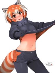 Rule 34 | 1girl, animal ears, black bow, black gloves, black pantyhose, black skirt, blush, bow, bowtie, clothes lift, commentary request, dated, fur-trimmed sleeves, fur collar, fur trim, gloves, happa (cloverppd), kemono friends, kemono friends 2, pantyhose under shorts, lesser panda (kemono friends), lifting own clothes, long sleeves, looking at viewer, multicolored hair, navel, orange hair, panda ears, panda tail, pantyhose, parted lips, shirt lift, short hair, shorts, simple background, skirt, smile, solo, white background, white hair