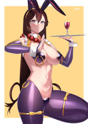 Rule 34 | 1girl, absurdres, breasts, brown hair, detached collar, earrings, fate/grand order, fate (series), hair between eyes, heart pasties, highres, hoop earrings, jewelry, kurozawa yui, large breasts, long hair, looking at viewer, meme attire, navel, nipple piercing, nipple rings, pasties, piercing, purple eyes, revealing clothes, reverse bunnysuit, reverse outfit, solo, stomach, thighs, xuangzang sanzang (fate), yellow background