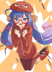 Rule 34 | 1girl, alternate costume, beret, blue eyes, blue hair, blunt bangs, bow, brown bow, clenched hands, closed jacket, eel hat, fang, food, full body, gradient hair, hair bow, hair ornament, hairclip, hat, highres, holding, holding food, holding pocky, hood, hood down, hooded jacket, jacket, long hair, long sleeves, looking at viewer, low-braided long hair, low-tied long hair, low twintails, multicolored hair, open mouth, orange background, orange footwear, otomachi una, otomachi una (talkex), outline, pants, pocky, purple hair, red-framed eyewear, red bow, red hat, red jacket, red pants, semi-rimless eyewear, smile, solo, suiso sn3, talkex, twintails, two-tone background, v-shaped eyebrows, vocaloid, white background, white outline