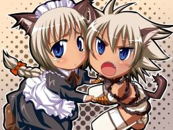 Rule 34 | 2girls, :o, angry, animal ears, animal print, apron, back, blue eyes, blush, blush stickers, bow, braid, cat ears, cat tail, chibi, crop top, detached sleeves, dress, fangs, flat chest, frills, fur trim, game cg, gradient background, hair bow, harem party, holding hands, kantaka, kneeling, leaning forward, long hair, looking at viewer, maid, maid apron, maid headdress, multiple girls, nia schlichte, open mouth, polka dot, ribbon, shoes, short hair, siblings, silver hair, single braid, sisters, slit pupils, spiked hair, tail, tan, tears, thighhighs, tiger print, toeless legwear, toes, turtleneck, uru schlichte, white legwear, zettai ryouiki
