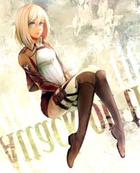 Rule 34 | 1girl, between legs, blonde hair, blue eyes, boots, brown footwear, brown jacket, full body, hair between eyes, hand between legs, invisible chair, jacket, knee boots, krista lenz, looking at viewer, military, military uniform, nell (hazy), open clothes, open jacket, shingeki no kyojin, shirt, sitting, solo, uniform, white shirt
