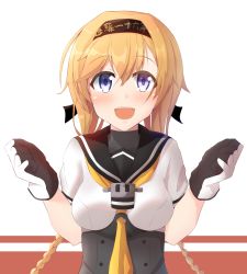 Rule 34 | 10s, :d, blonde hair, blush, braid, breasts, gloves, highres, kantai collection, looking at viewer, neckerchief, open mouth, purple eyes, school uniform, small breasts, smile, solo, temu (bosanrune), teruzuki (kancolle)