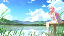 Rule 34 | 1girl, barefoot, blue sky, blush, closed mouth, cloud, commission, day, dress, erendira, food-themed hair ornament, hair ornament, highres, indie virtual youtuber, lake, long hair, looking up, outdoors, pink hair, red eyes, red ribbon, rei no himo, ribbon, short dress, sky, sleeveless, sleeveless dress, smile, soaking feet, solo, spaghetti strap, strawberry hair ornament, sundress, twin (tt lsh), very long hair, virtual youtuber, white dress