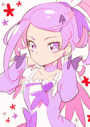 Rule 34 | 1girl, arm warmers, brooch, choker, cure sword, curly hair, detached sleeves, dokidoki! precure, dress, earrings, expressionless, eyelashes, hair ornament, hairclip, half updo, heart, heart brooch, jewelry, kenzaki makoto, kurochiroko, looking at viewer, magical girl, ponytail, precure, purple dress, purple eyes, purple hair, short hair, side ponytail, sketch, solo, standing, white background