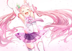 Rule 34 | 1girl, armpits, arms up, bad id, bad pixiv id, cherry, detached sleeves, closed eyes, food, fruit, hatsune miku, long hair, necktie, open mouth, petals, pink hair, sakura miku, skirt, solo, thighhighs, twintails, ume (plumblossom), very long hair, vocaloid